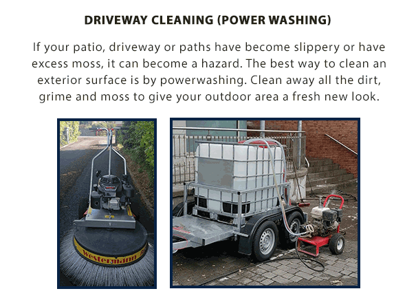 DRIVEWAY CLEANING (Power Washing):

If your patio, driveway or paths have become slippery or have excess moss, it can become a hazard. The best way to clean an exterior surface is by Powerwashing. Clean away all the dirt, grime and moss to give your outdoor area a fresh new look.

We offer our roof cleaning, soft-washing, wall and render cleaning, power washing for driveways and exterior cleaning service throughout Co. Clare including Ennis, Shannon, Kilrush and Lahinch