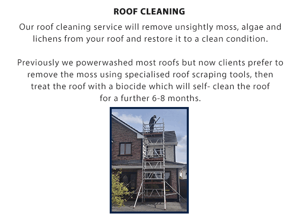 Roof Cleaning:

Our roof cleaning service will remove unsightly moss, algae and lichens from your roof and restore it to a clean condition.

Previously we powerwashed most roofs but now clients prefer to remove the moss using specialised roof scraping tools, then treat the roof with a biocide which will self- clean the roof for a further 6-8 months.

We offer our roof cleaning, soft-washing, wall and render cleaning, power washing for driveways and exterior cleaning service throughout Co. Clare and Limerick City including Ennis, Shannon, Kilrush and Lahinch.