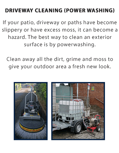 DRIVEWAY CLEANING (Power Washing):

If your patio, driveway or paths have become slippery or have excess moss, it can become a hazard. The best way to clean an exterior surface is by Powerwashing. Clean away all the dirt, grime and moss to give your outdoor area a fresh new look.

We offer our roof cleaning, soft-washing, wall and render cleaning, power washing for driveways and exterior cleaning service throughout Co. Clare and Limerick City including Ennis, Shannon, Kilrush and Lahinch.