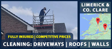 We offer our roof cleaning, power washing for driveways, gutter cleaning and softwashing for wall and render cleaning throughout Co. Clare and Limerick City including Ennis, Shannon, Kilrush and Lahinch. Call us on 0852257729